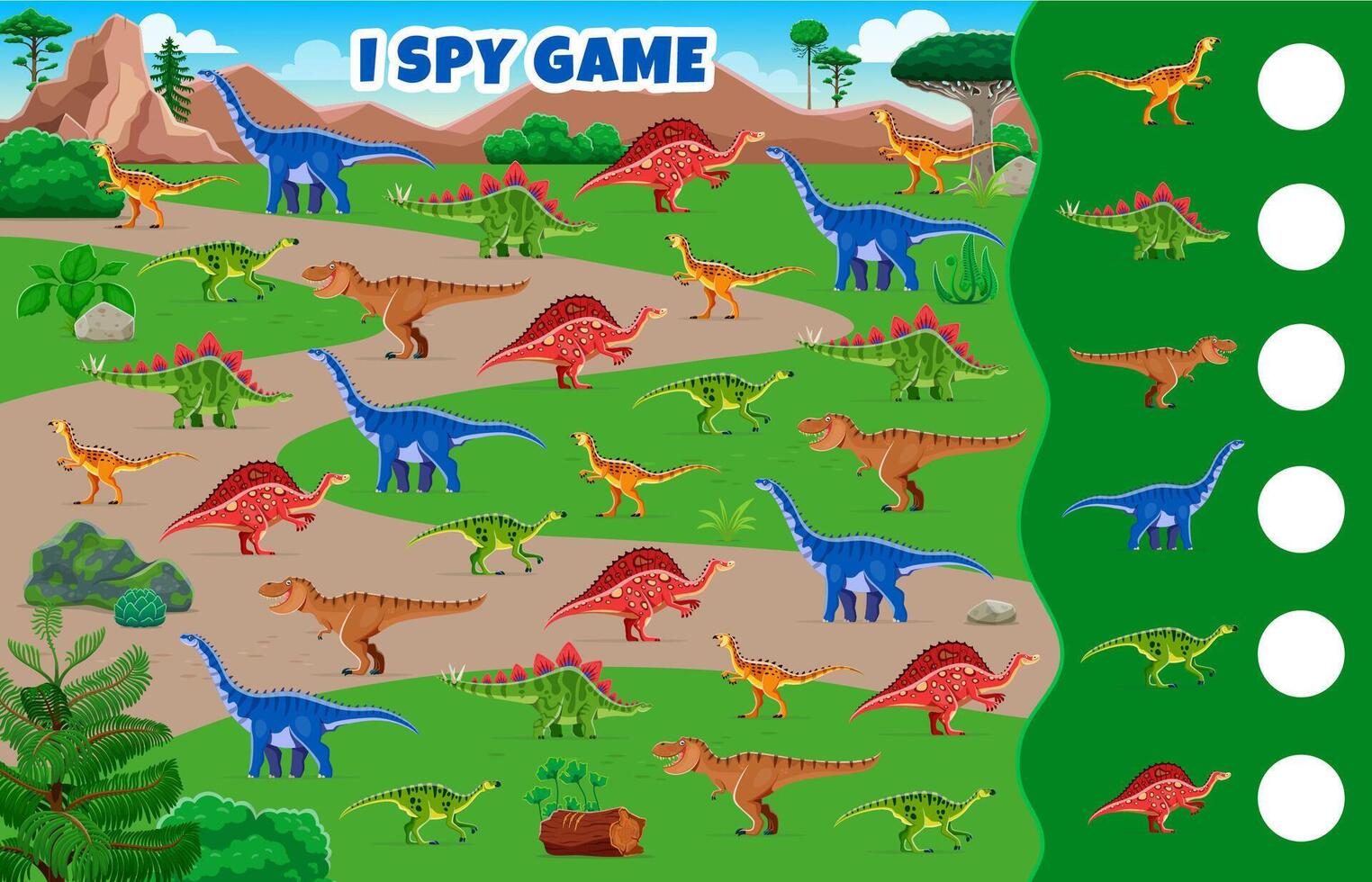 Prehistoric dinosaurs kids I spy game worksheet vector