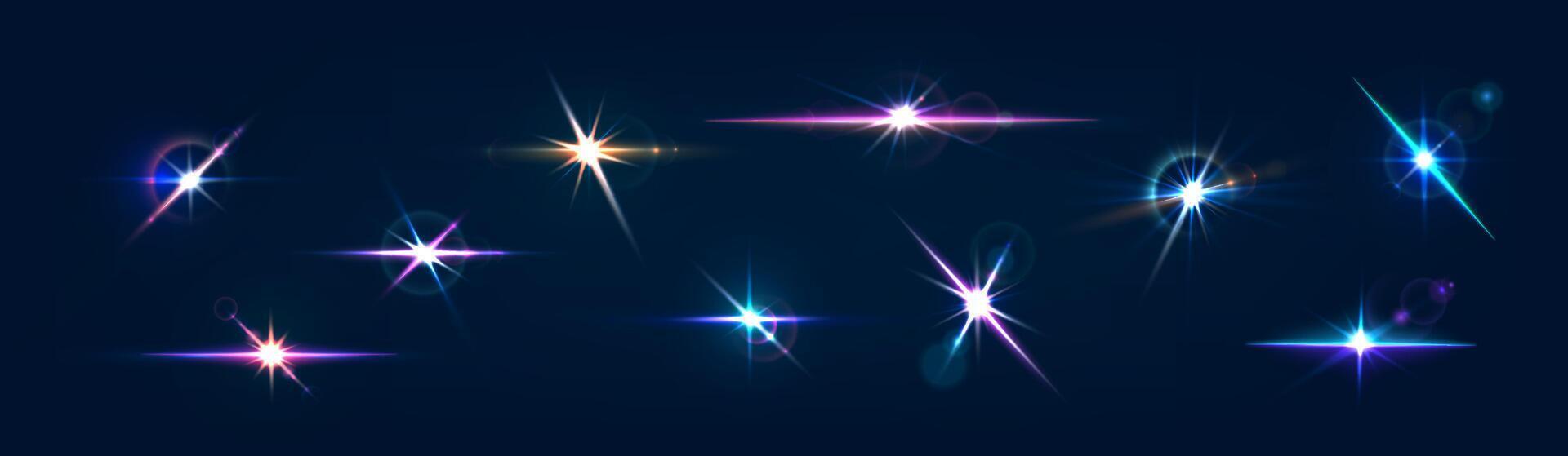 Flash flare glow effect, star light 3d set vector