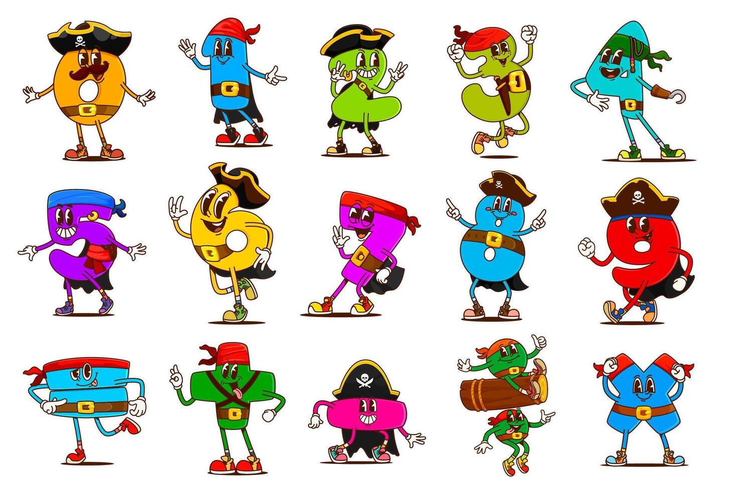 Cartoon groovy math number pirate characters vector
