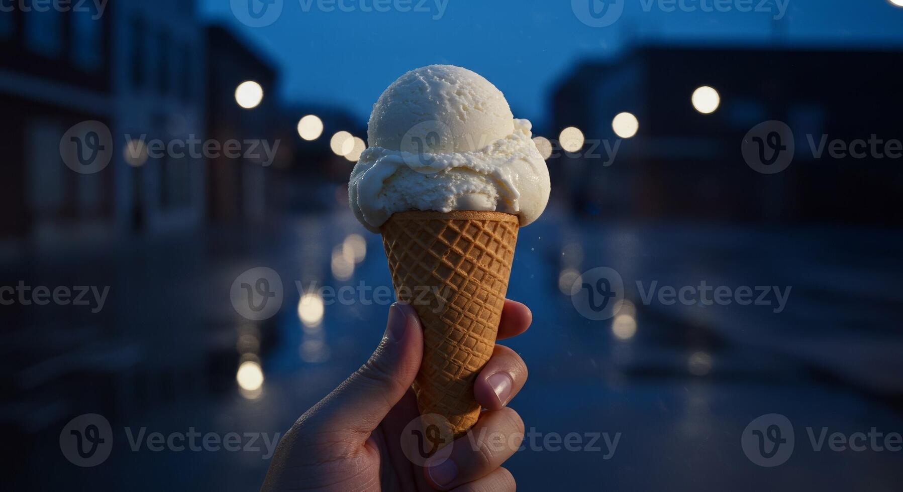 A person holding an ice cream cone in front of a city street photo