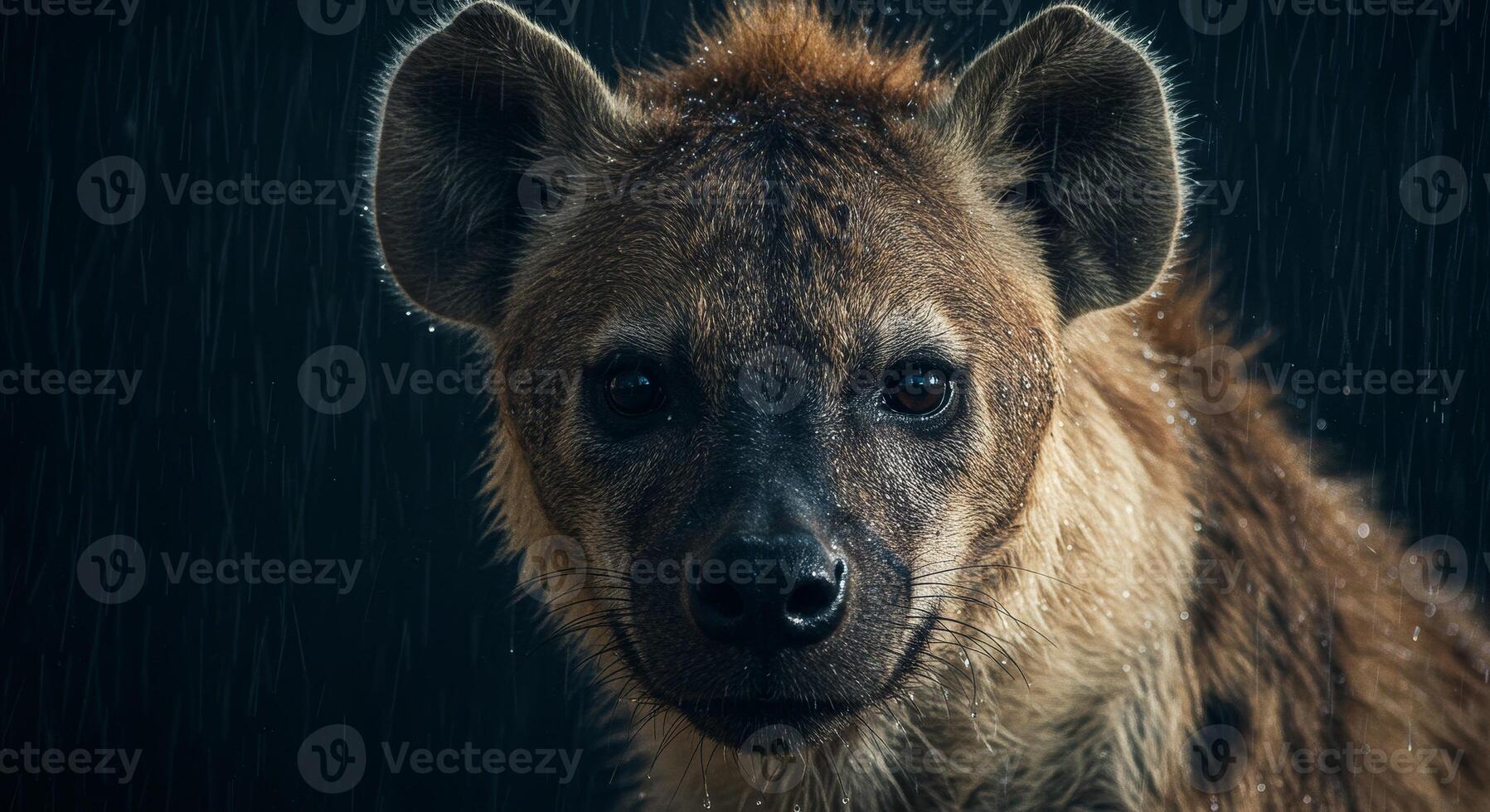 A hyena is looking at the camera in the rain photo
