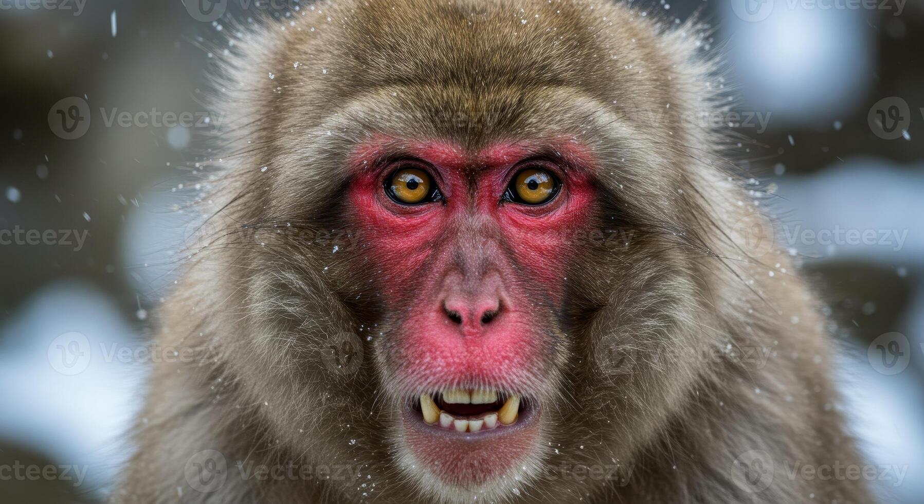 A close up of a snow monkey with red eyes photo