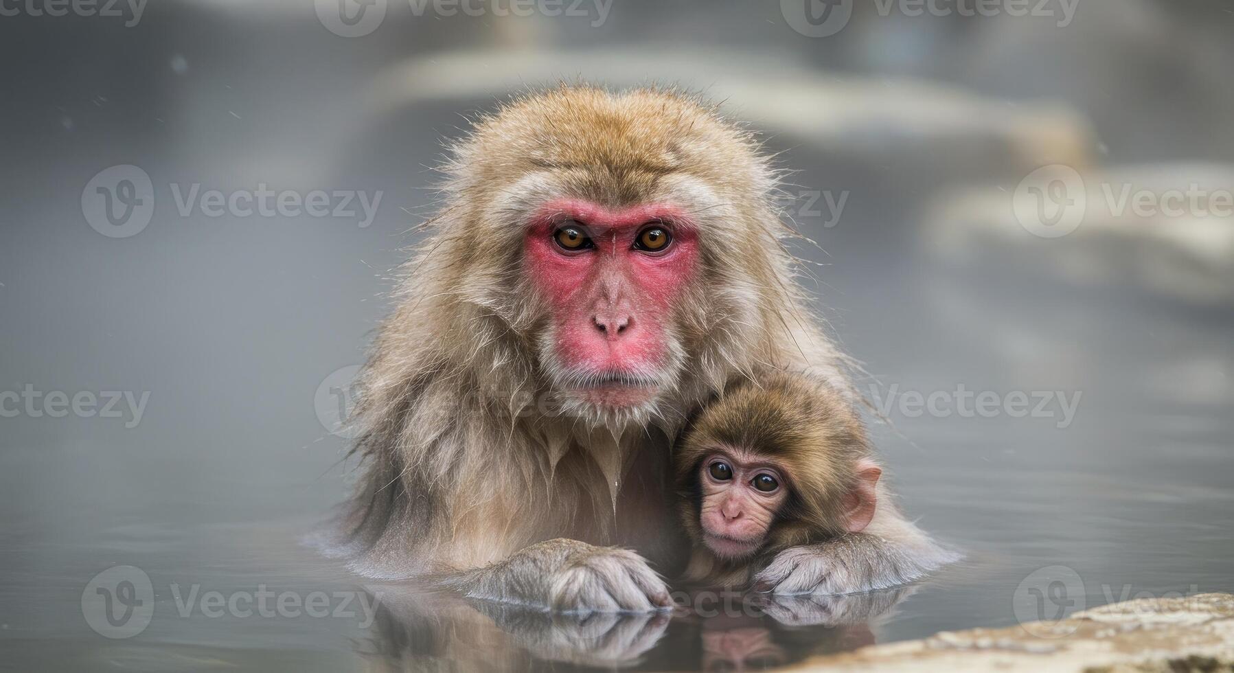 A mother and baby monkey in a hot spring photo