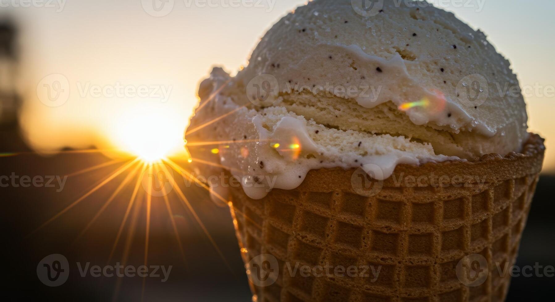 A waffle cone with ice cream and a sunset in the background photo