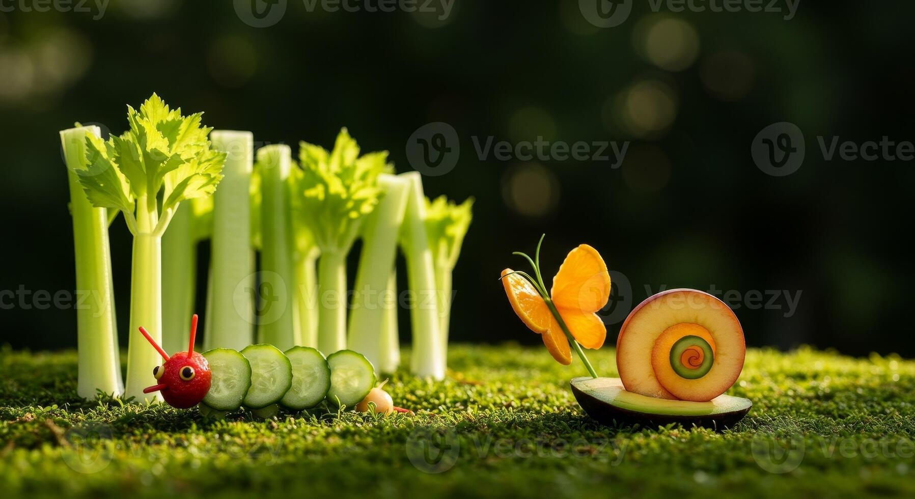 A caterpillar and a carrot are on the grass photo