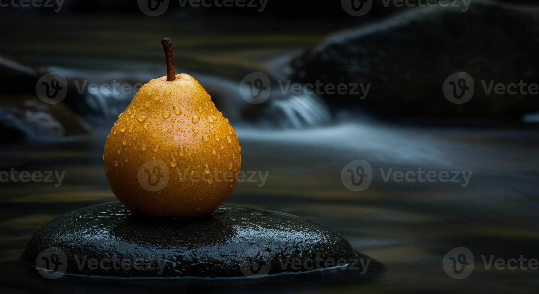 A pear sitting on a rock in a stream photo
