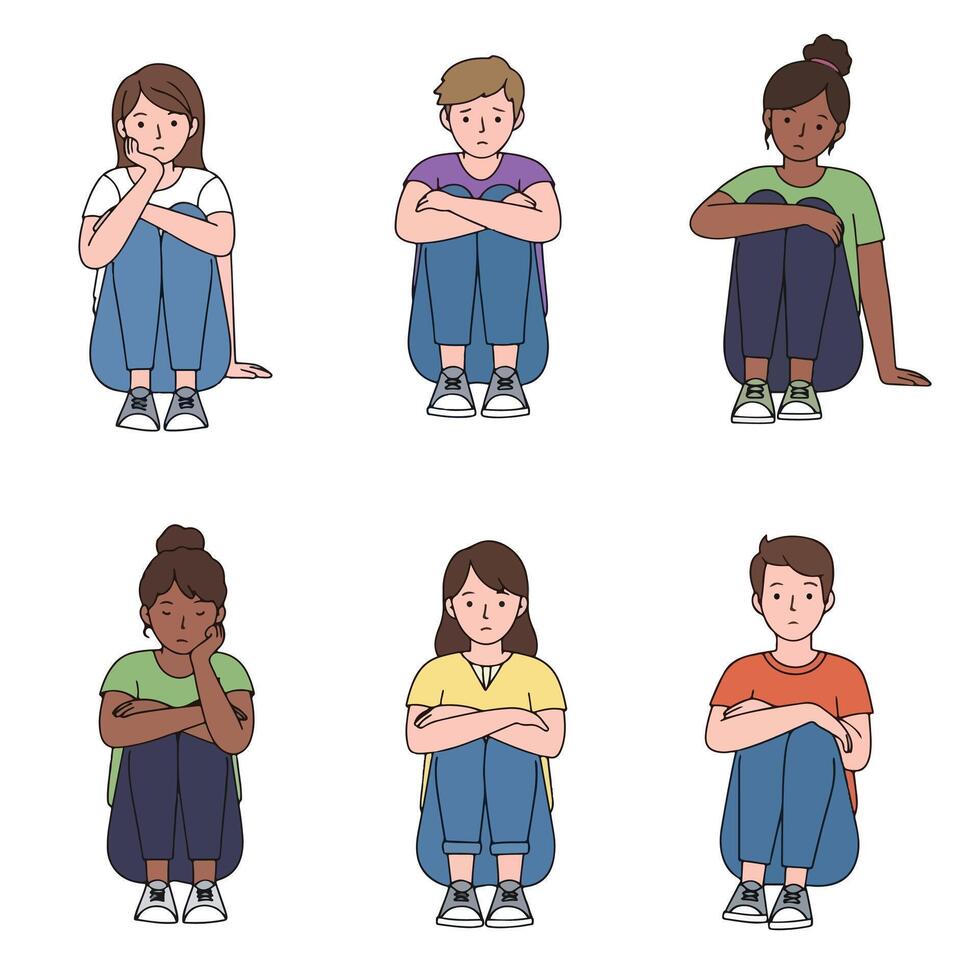 Sad diverse people sit with knees tucked up vector