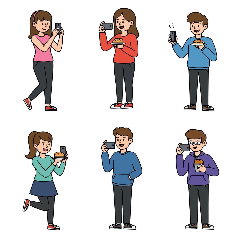 People take pictures of food with phone vector