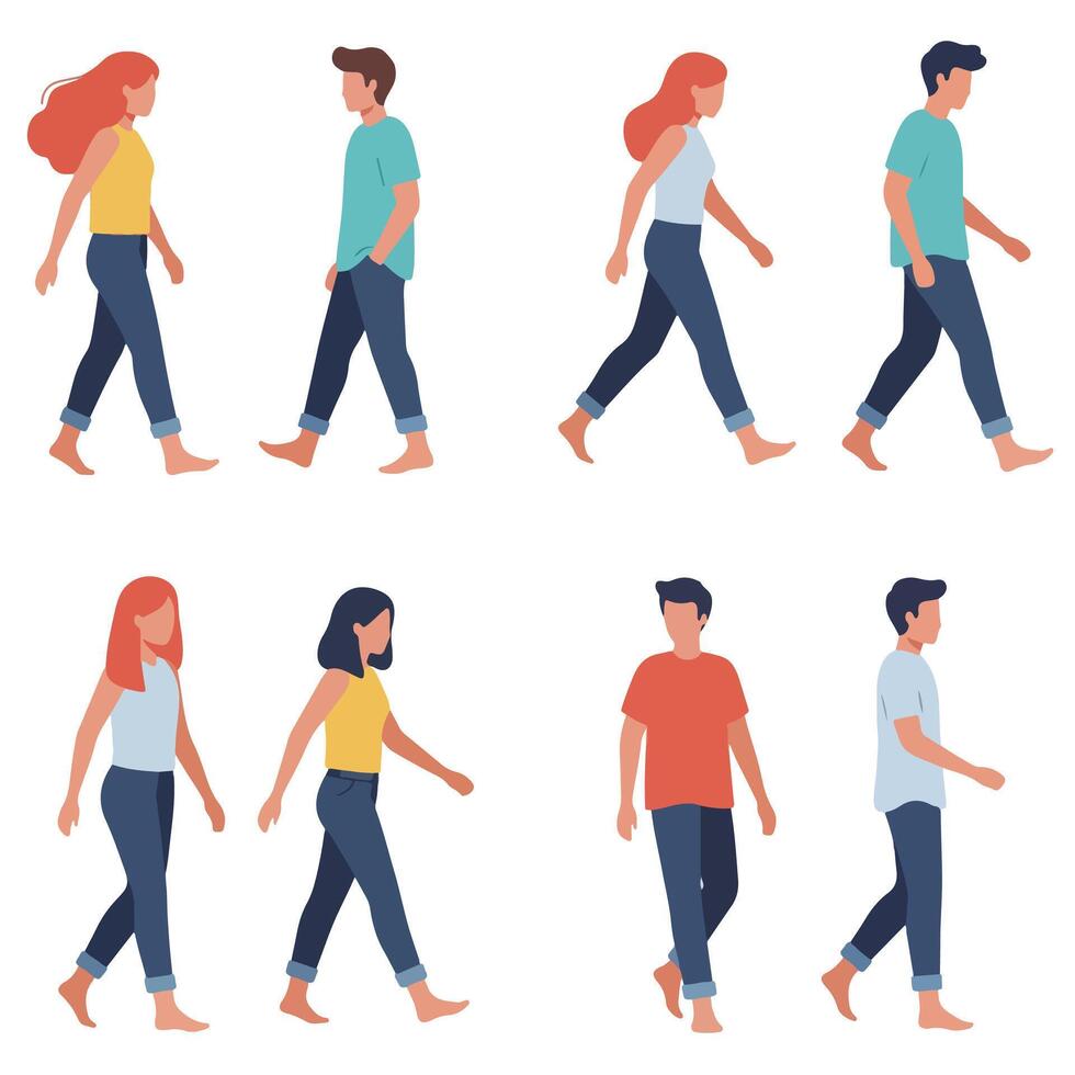 People walking casually barefoot in various colors vector
