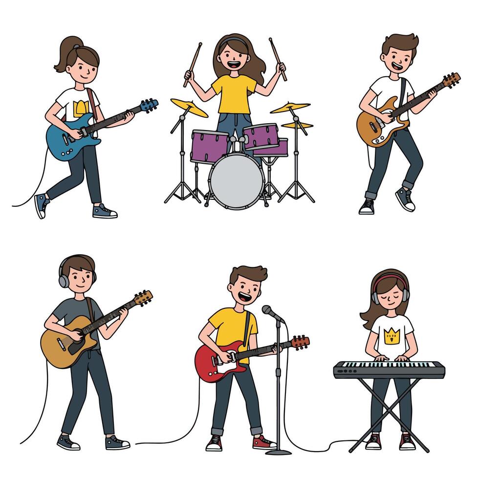 Cartoon band playing instruments music performance fun vector