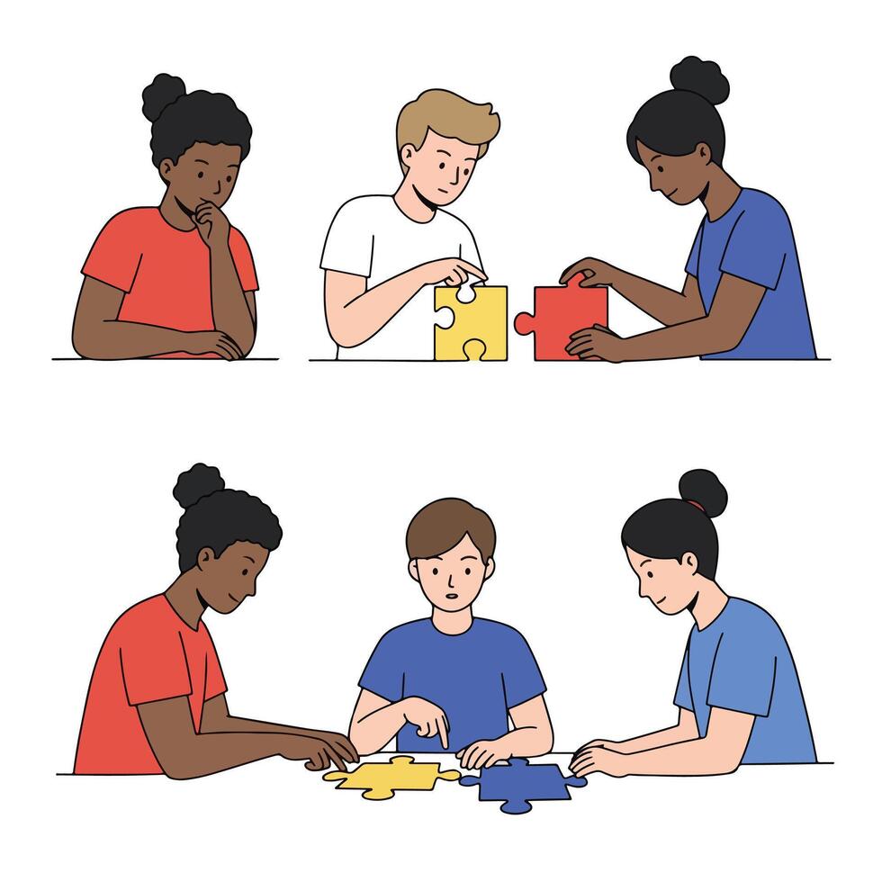 People collaborating teamwork puzzle togetherness cooperation vector