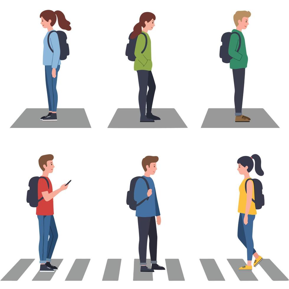 People crossing street with backpacks flat style vector
