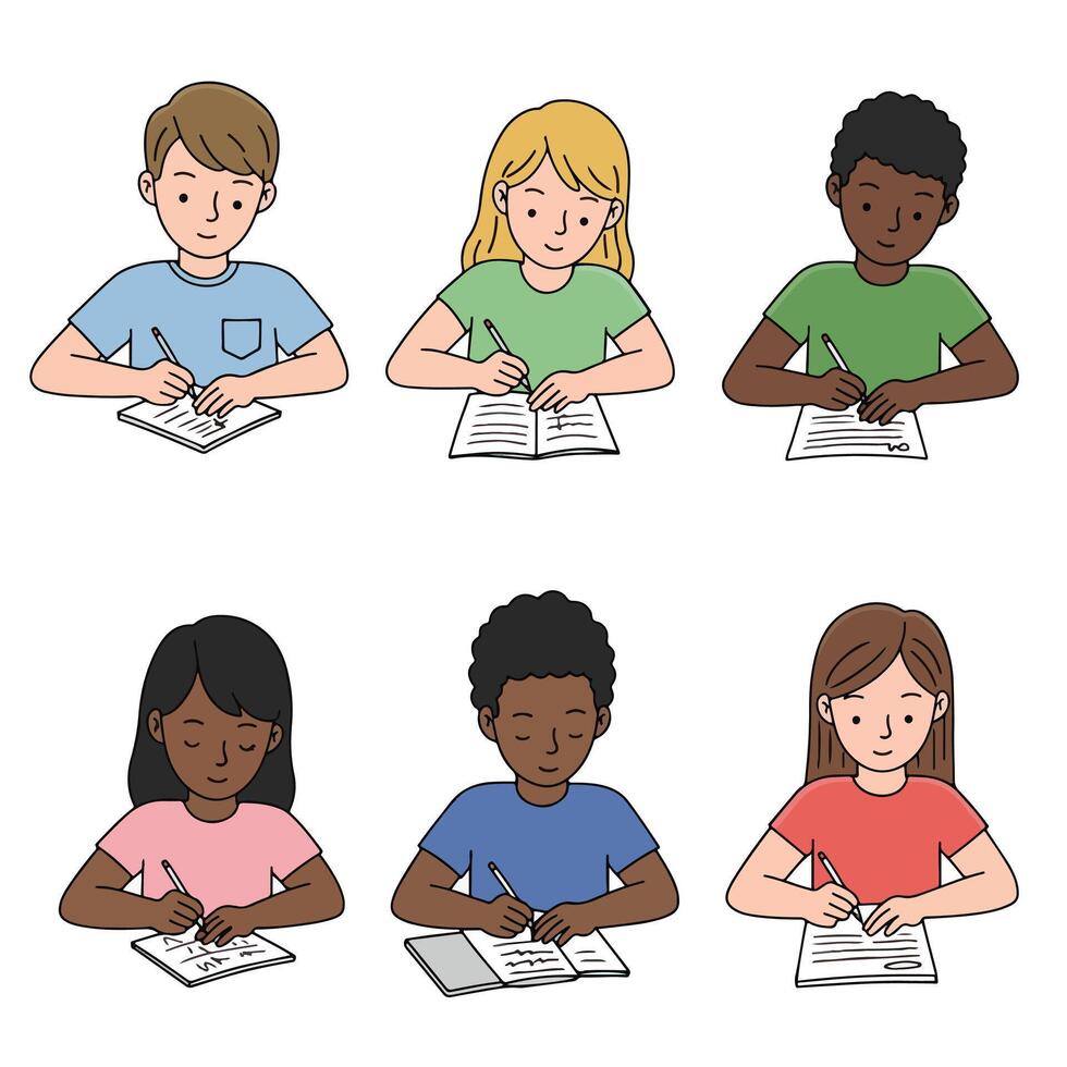 Students writing notes taking test education vector