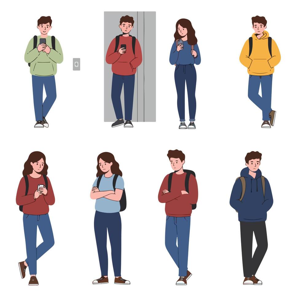 People Characters With Phone and Backpack Collection vector