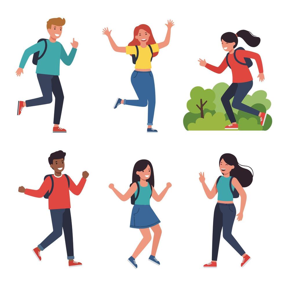 People traveling with backpacks in various poses vector