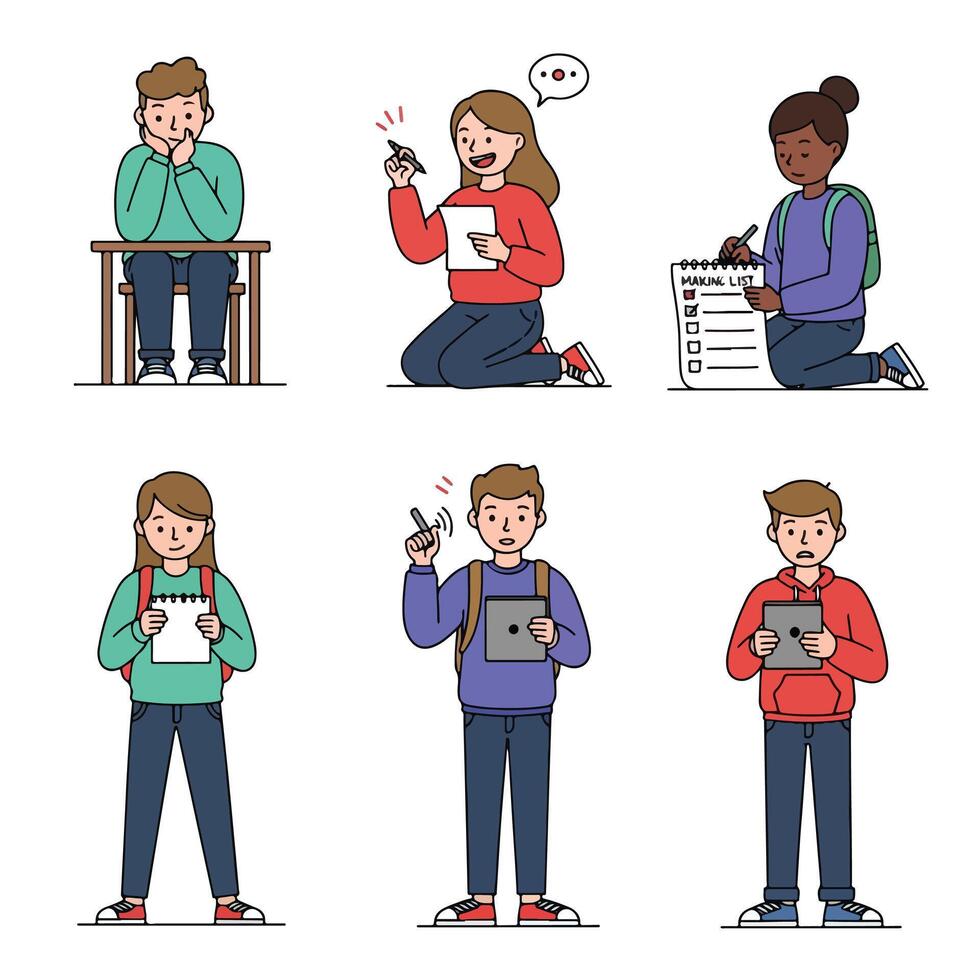 Students with notepads and tablets at school vector