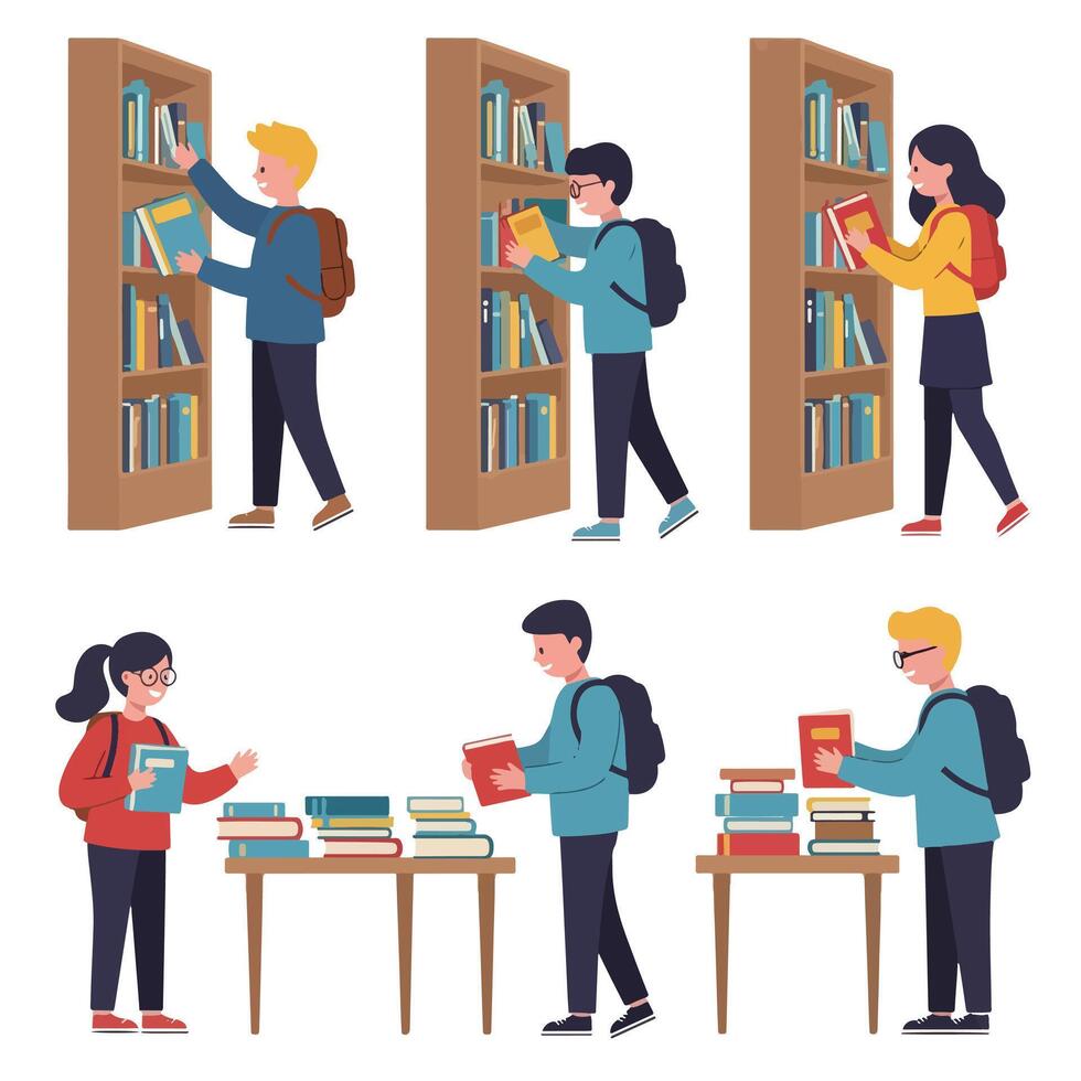 People in library choosing books for reading vector