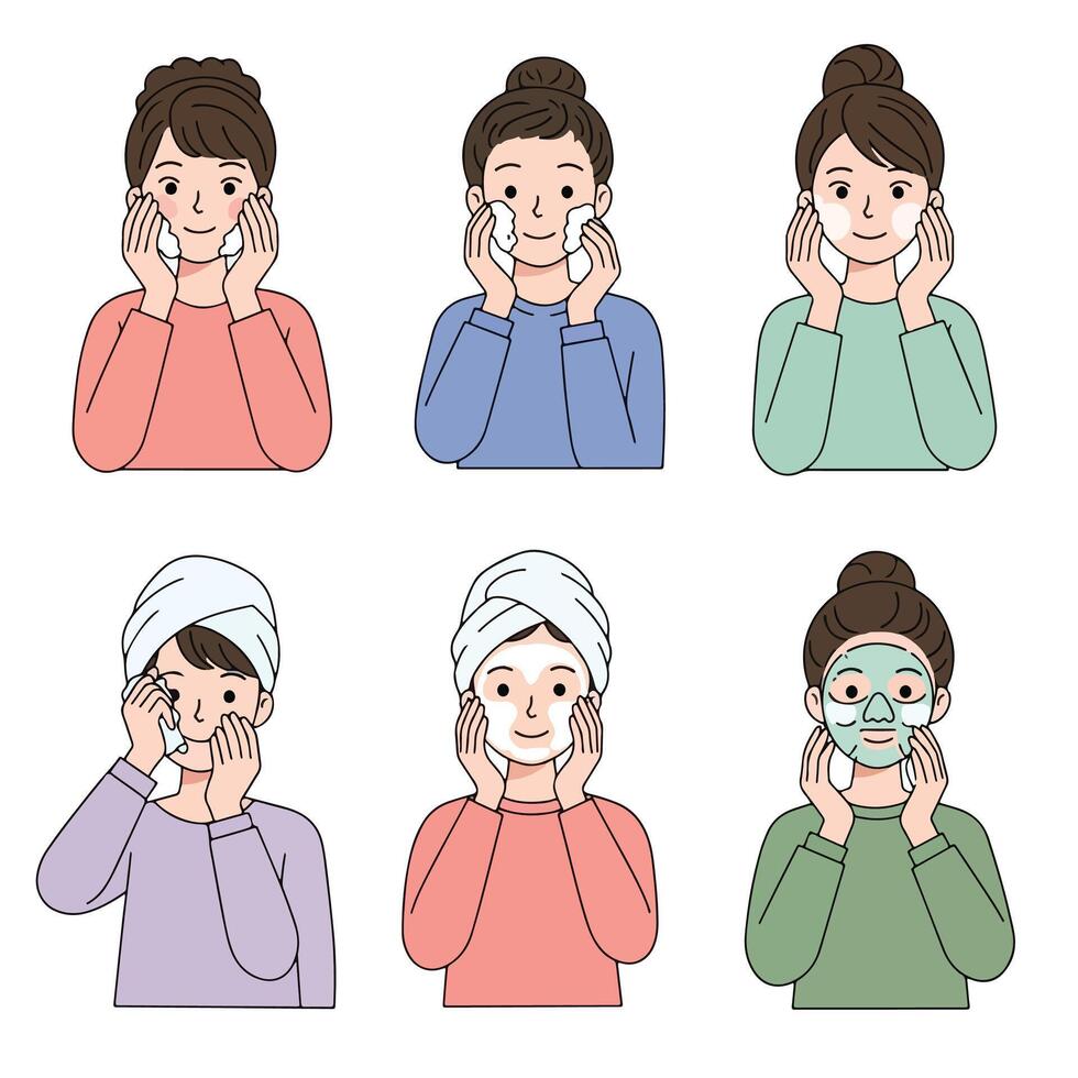 Woman doing skincare routine with facial mask vector