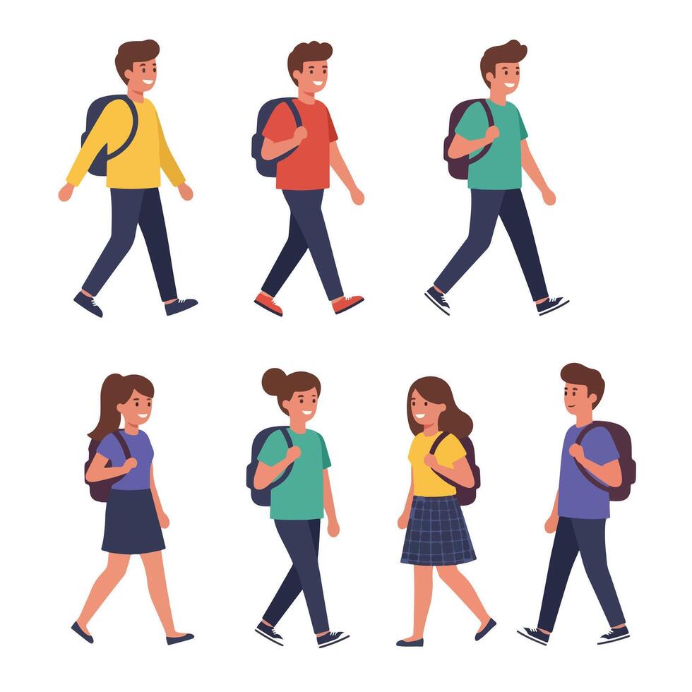 Students walking with backpacks in casual clothes vector