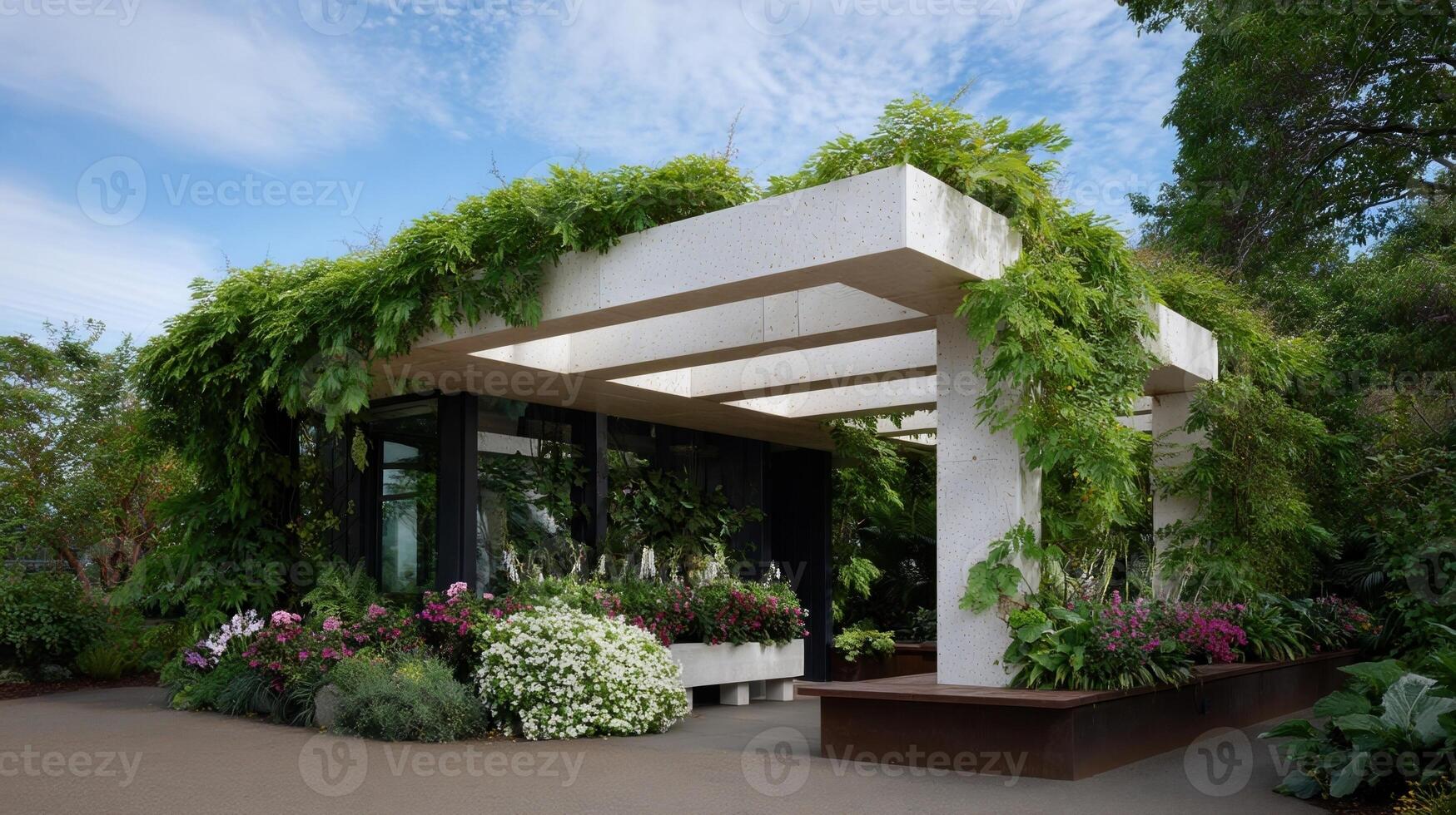 Outside a garden brims with lush greenery where mycelium panels form an ecofriendly shed. Vines cascade over the structure intertwining with the panels that sway gently in the breeze photo