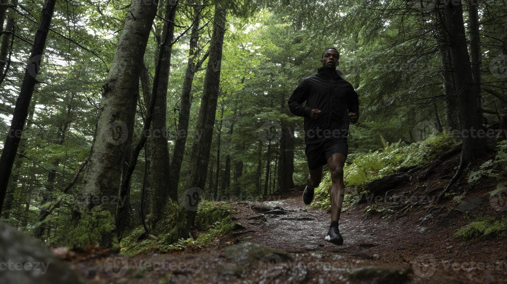 Young male athlete running on a trail in the woods during rainfall photo