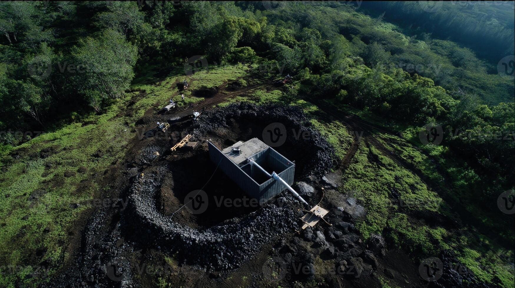 Drone image capturing a basalt well site surrounded by lush vegetation illustrating the integration of sustainable carbon capture technology within a natural landscape photo