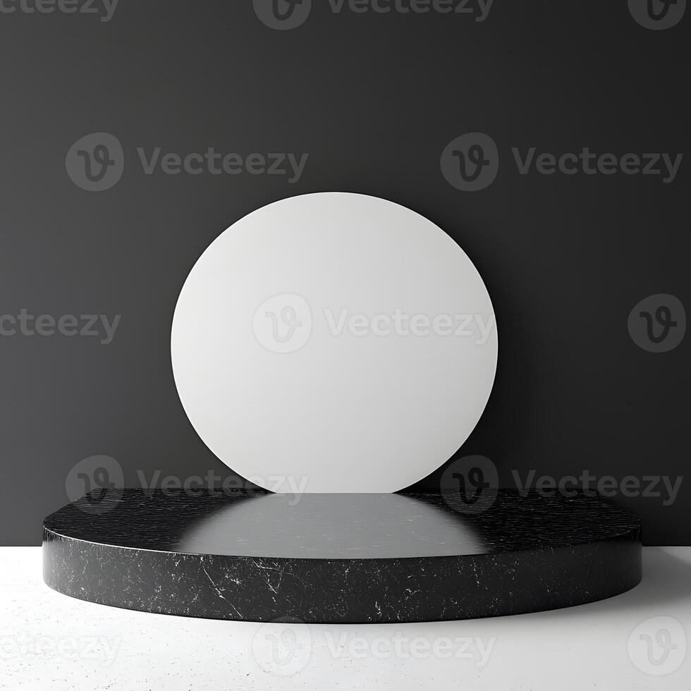 Black marble pedestal with white circle on dark background illuminating the scene photo