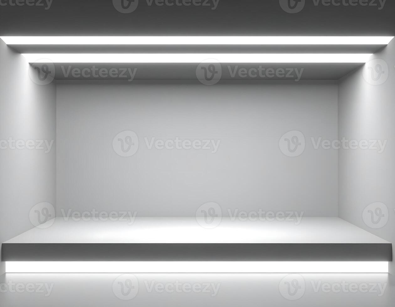 Empty white showroom with illuminated ceiling and stage for product presentation photo