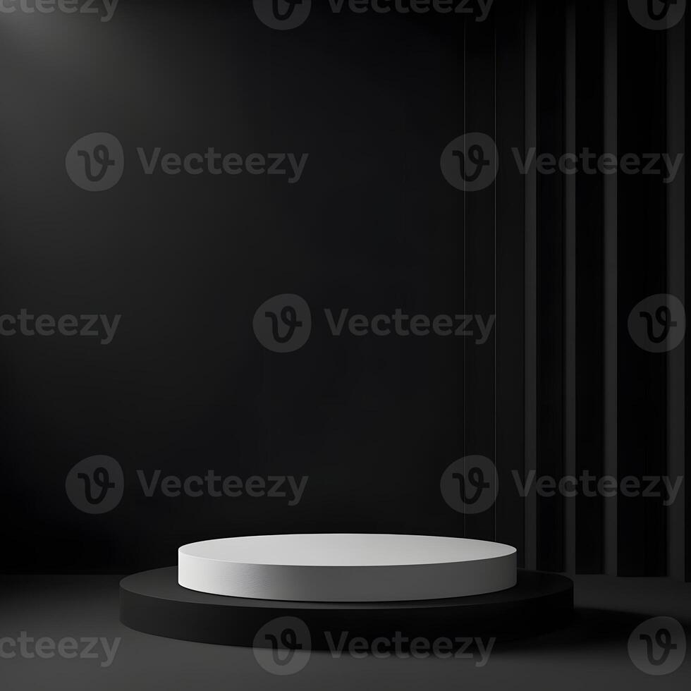 White round podium illuminating a dark room with black walls photo