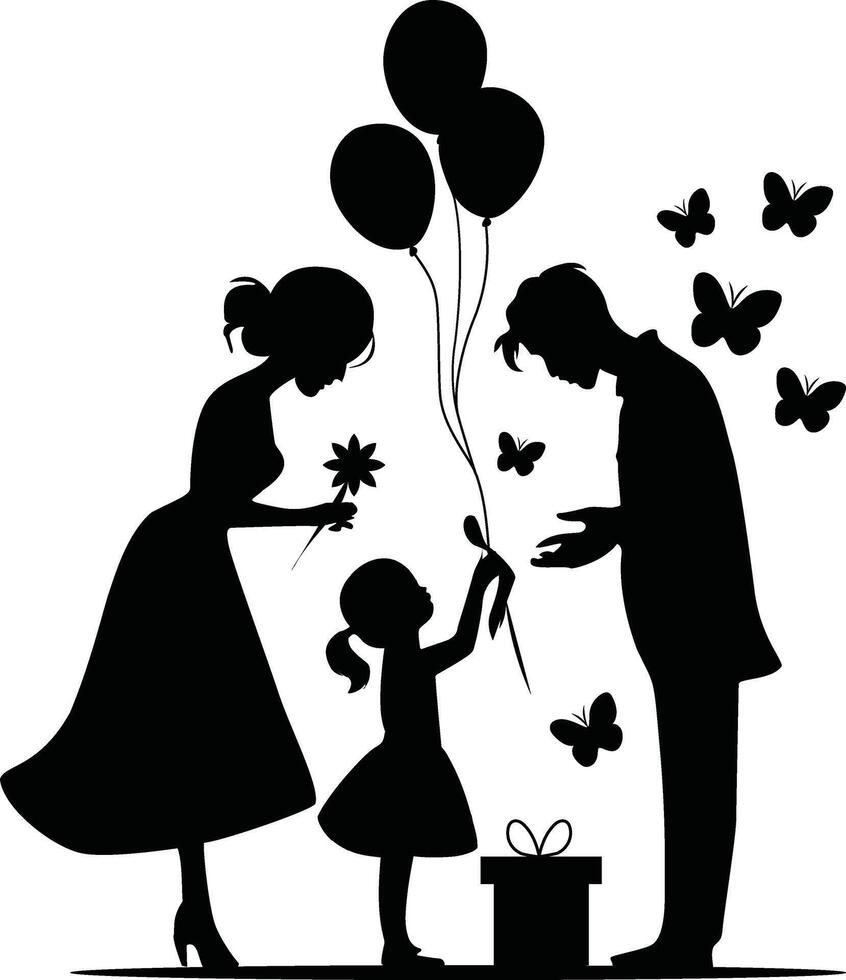 silhouette of a family with a gift and balloons vector