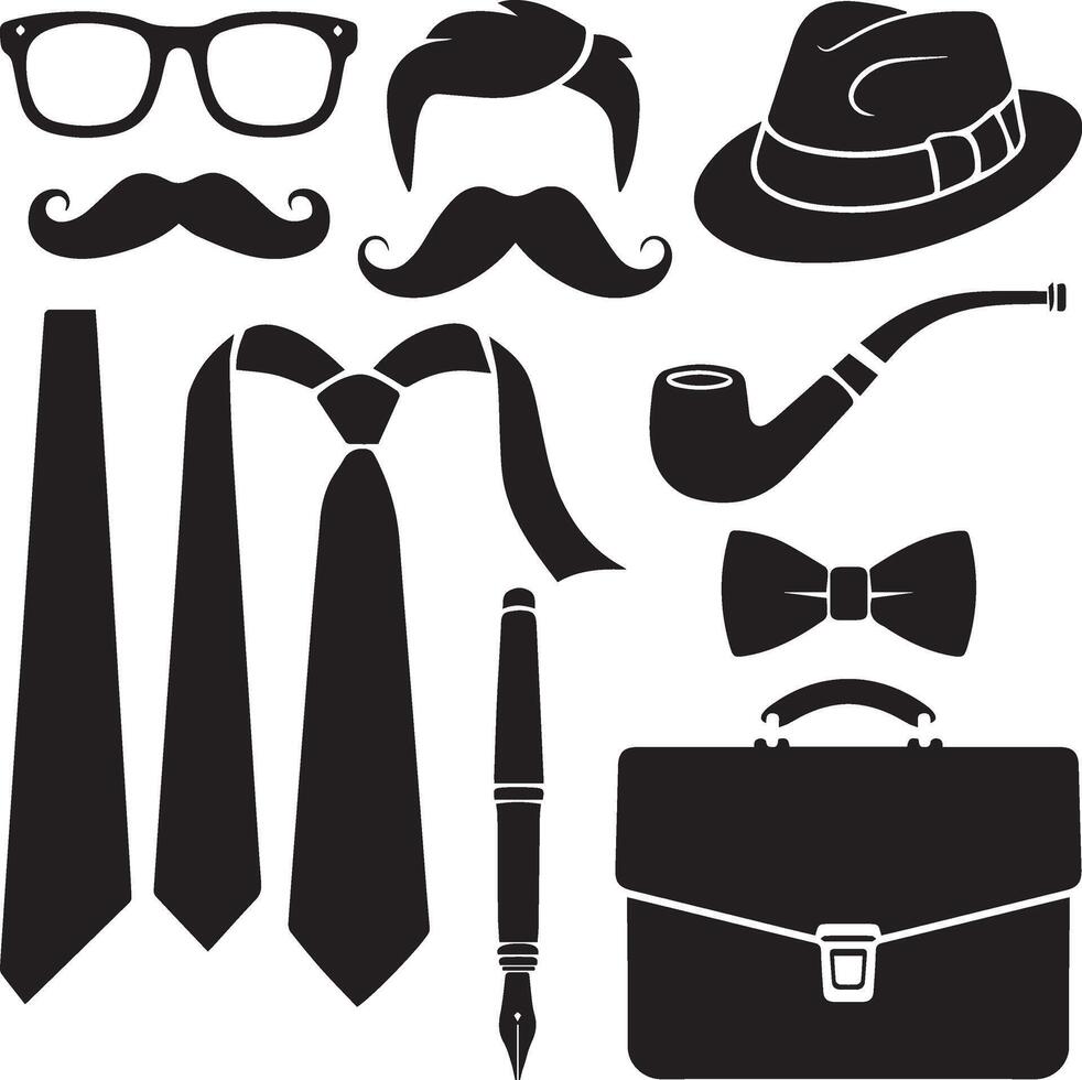 set of hipster icons, including a hat, tie, glasses, mustache, bow tie, vector