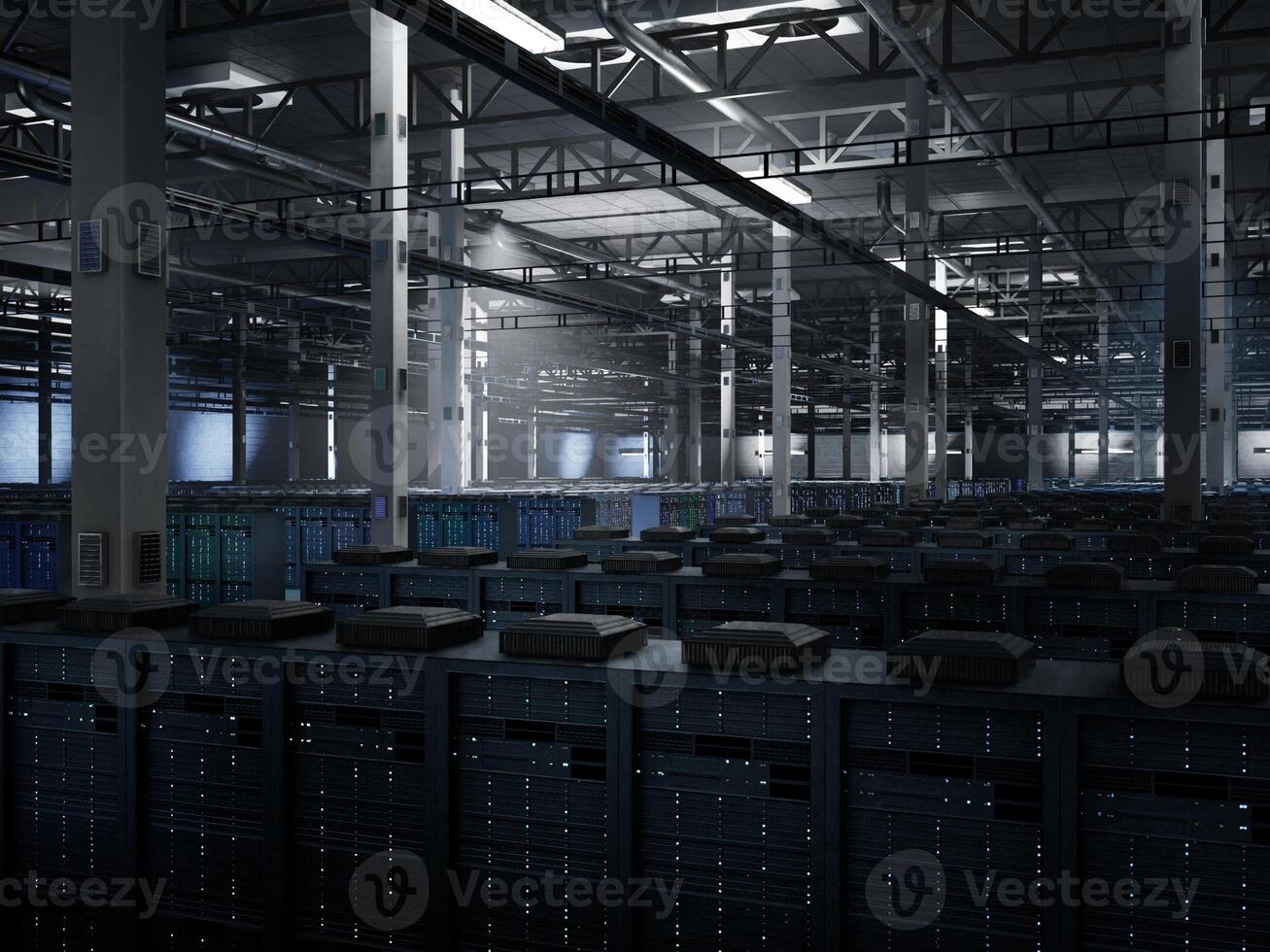 Server infrastructure systems delivering AI automation and cloud storage management. Dimly lit server farm with mainframes equipment supporting enterprise data exchange, 3D rendering photo