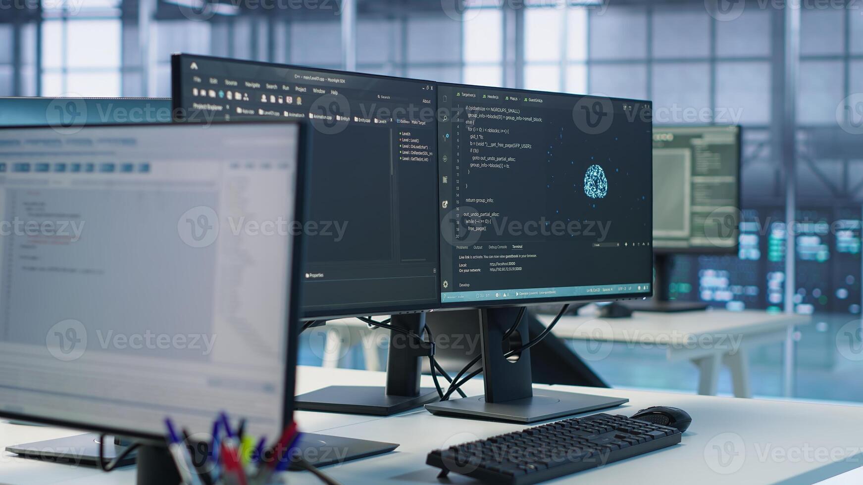Close up of code on computer screens in server hub used for data processing requirements of artificial intelligence workloads and neural network machine learning tech, handheld camera shot photo