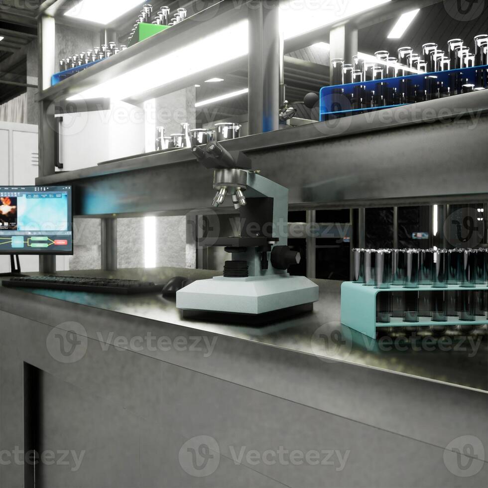 Hospital lab with sterile test tubes and glass vials prepared for sample analysis in clinical setting. Advanced medical environment used for patient testing and research procedures, 3D render photo