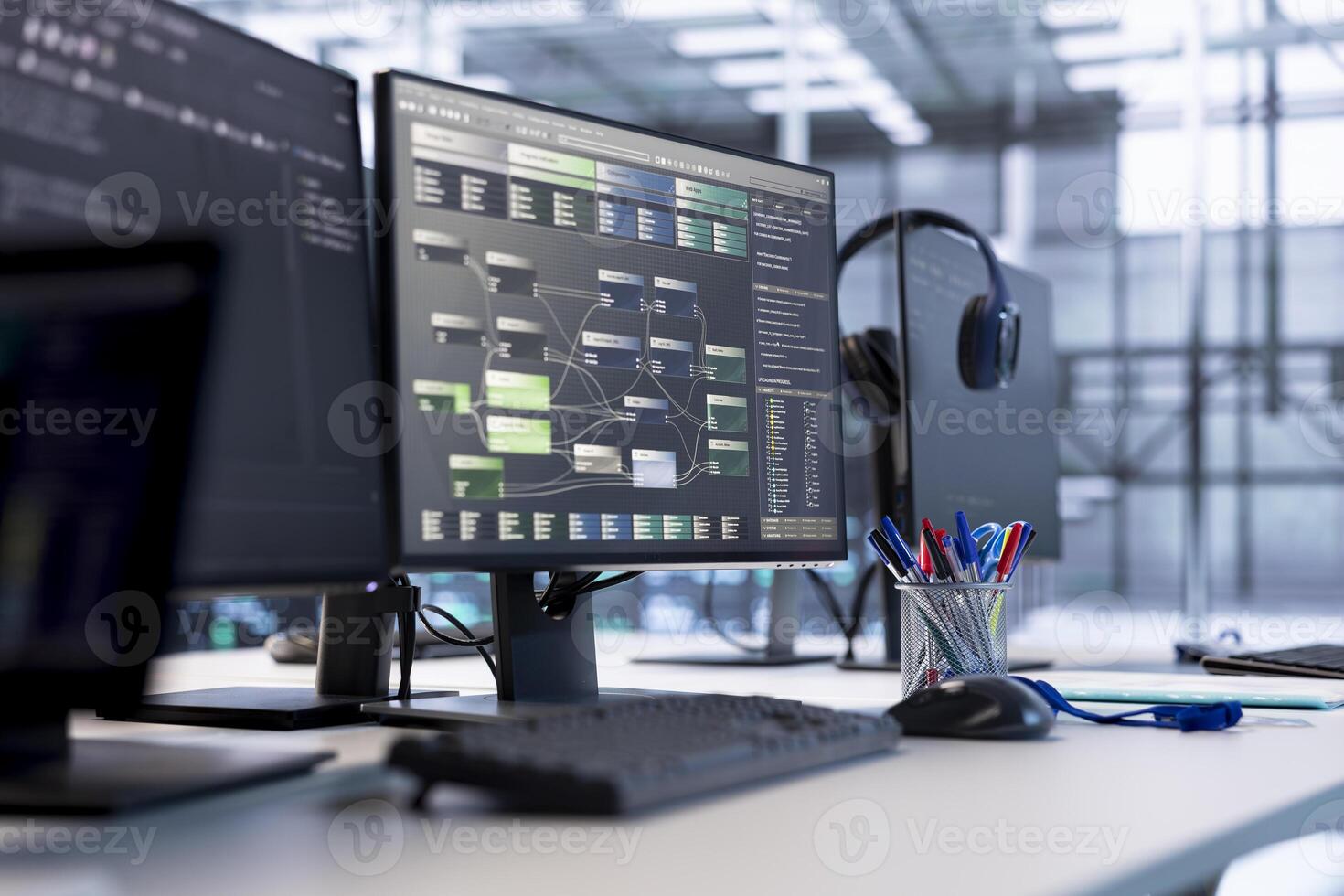 Close up of programming language on PC displays on desk in server farm used for data processing requirements of AI workloads and neural network machine learning technology photo