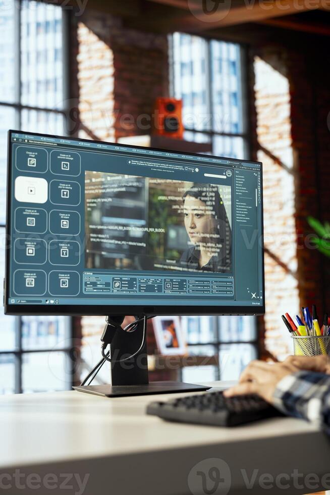 Social media expert in home office using AI turning text prompts into output. Content creator in apartment room using AI tech text to image generative models to do job photo