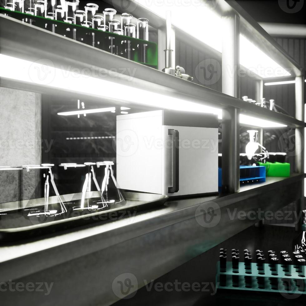 Hospital lab station with sterile vials and glass flasks placed on metallic shelves. Medical equipment used for clinical diagnostics, sample analysis and research workflows, 3D render photo