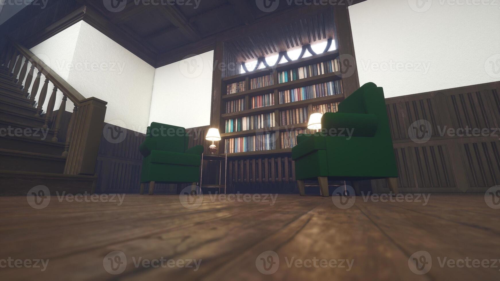 Home reading area with classic wooden bookshelves, green armchairs and staircase offering tranquil retreat for personal study, evening reading and quiet relaxation, 3D render photo