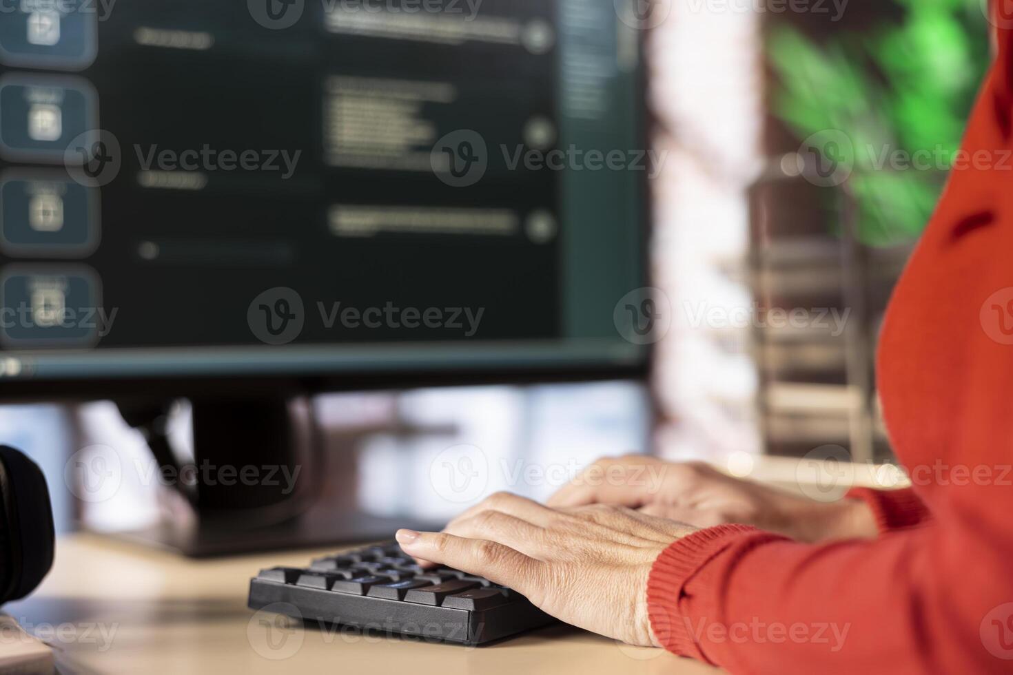 Woman typing on a computer chatting with an AI assistant. Futuristic interface highlights artificial intelligence, machine learning and automated solutions for smart productivity. photo