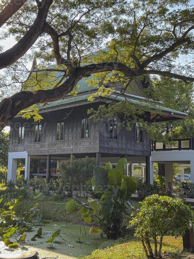 Wooden building in the elephant sanctuary next to the lake with lotus, conservation center offering a protected national environment for the gentle large mammals, wildlife habitat. photo