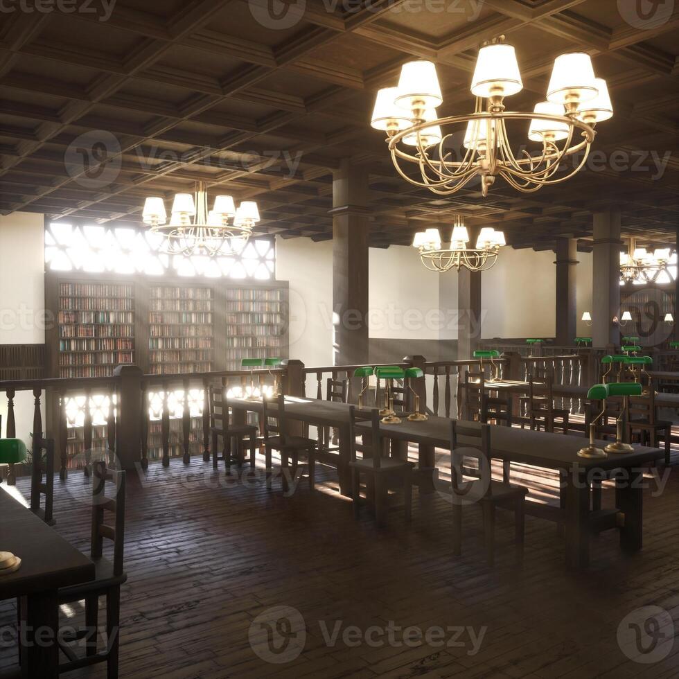 Empty two story university study area with wooden furniture. School library room with chandeliers, desks and classic green lamps, illuminated by soft natural light filtering through windows photo