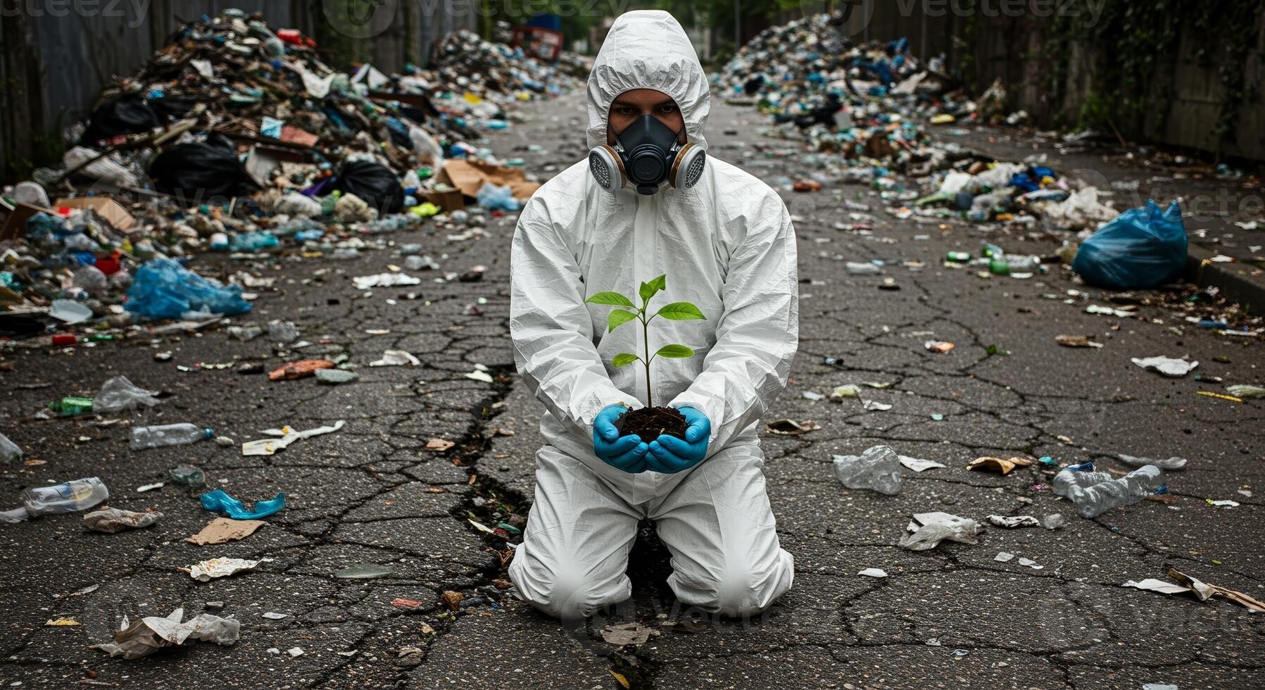 A man in a white suit and mask kneeling down with a plant photo