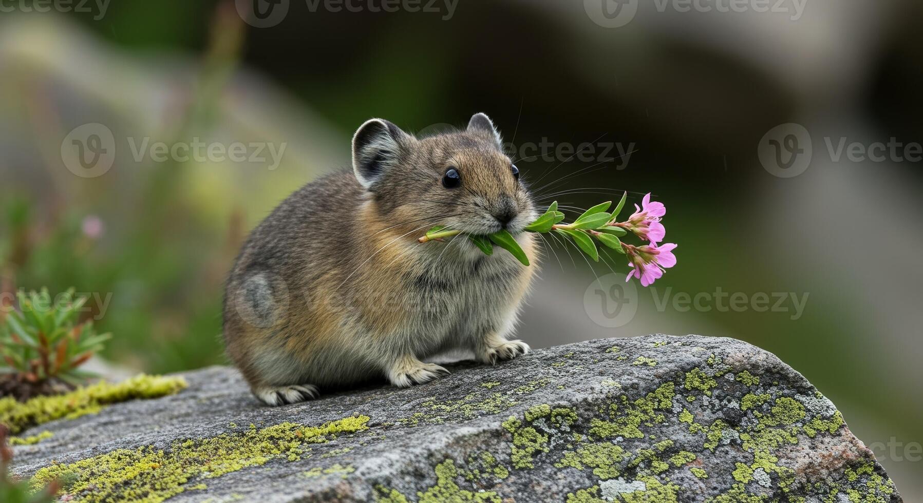 A small animal is standing on a rock with a flower in its mouth photo