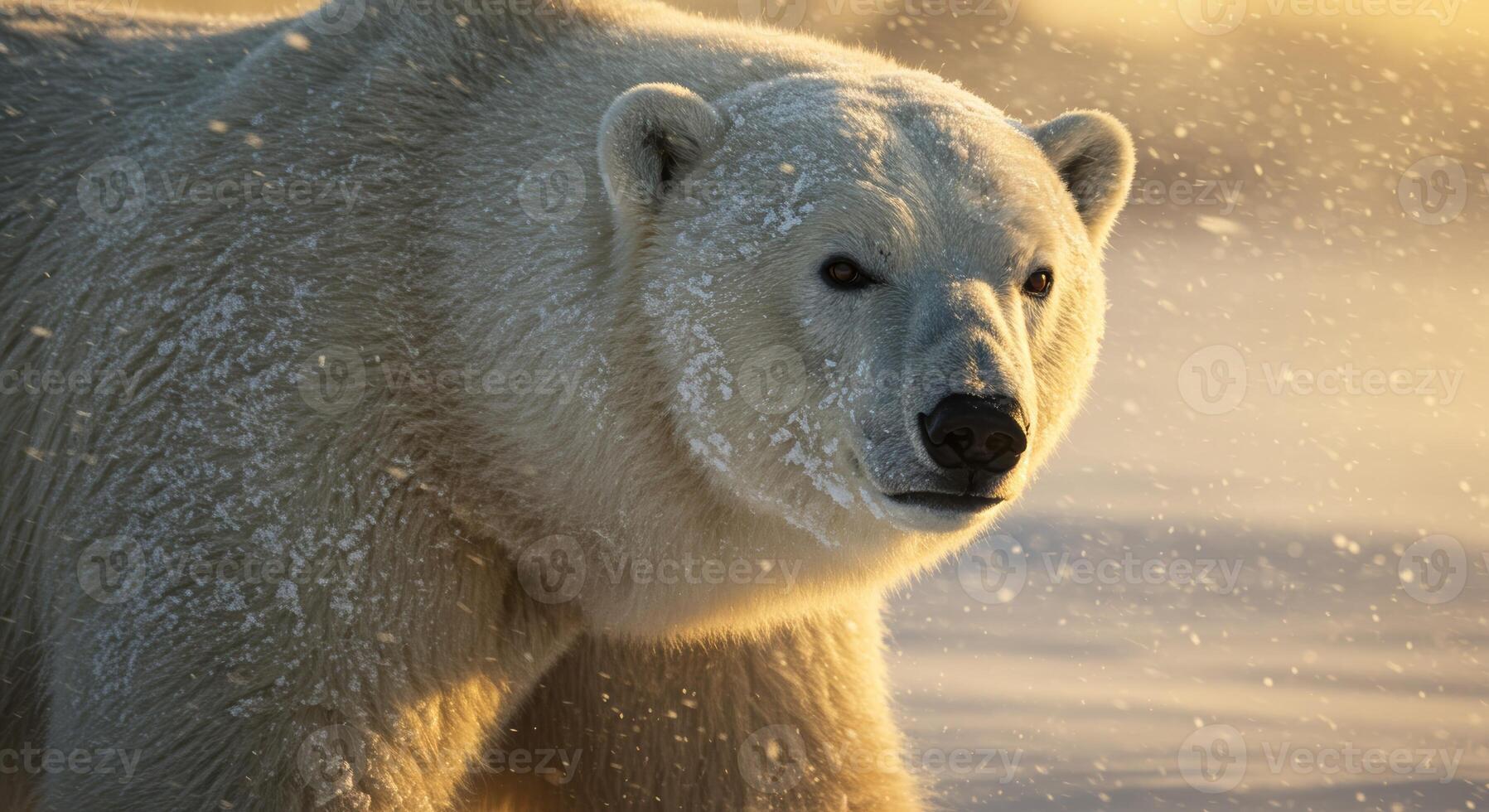 A polar bear is walking in the snow photo