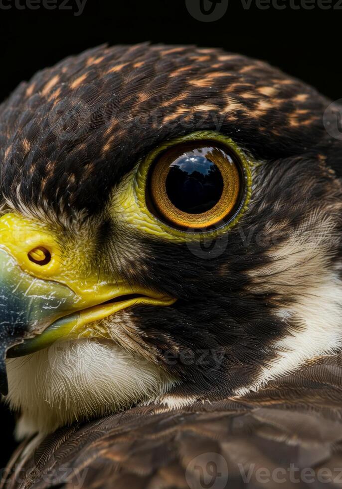 A close up of a bird's face with a black background photo