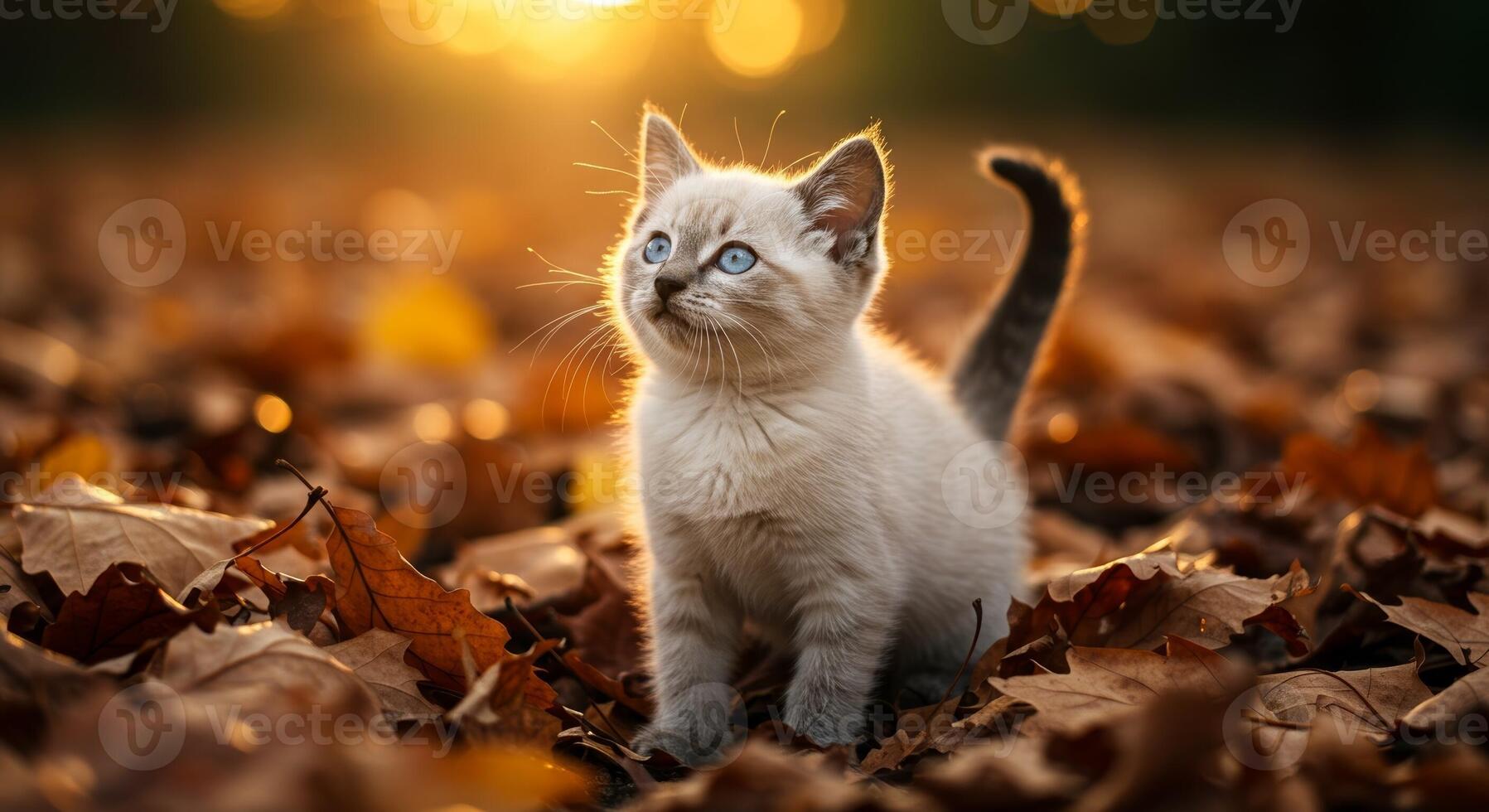 A kitten sitting in the leaves at sunset photo