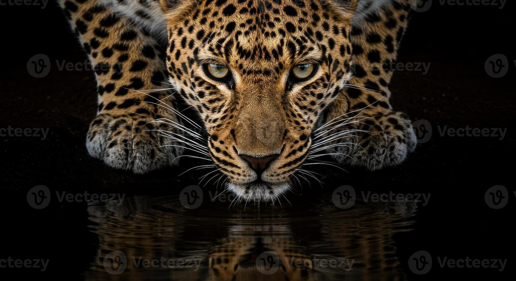 A leopard is drinking water from a puddle photo