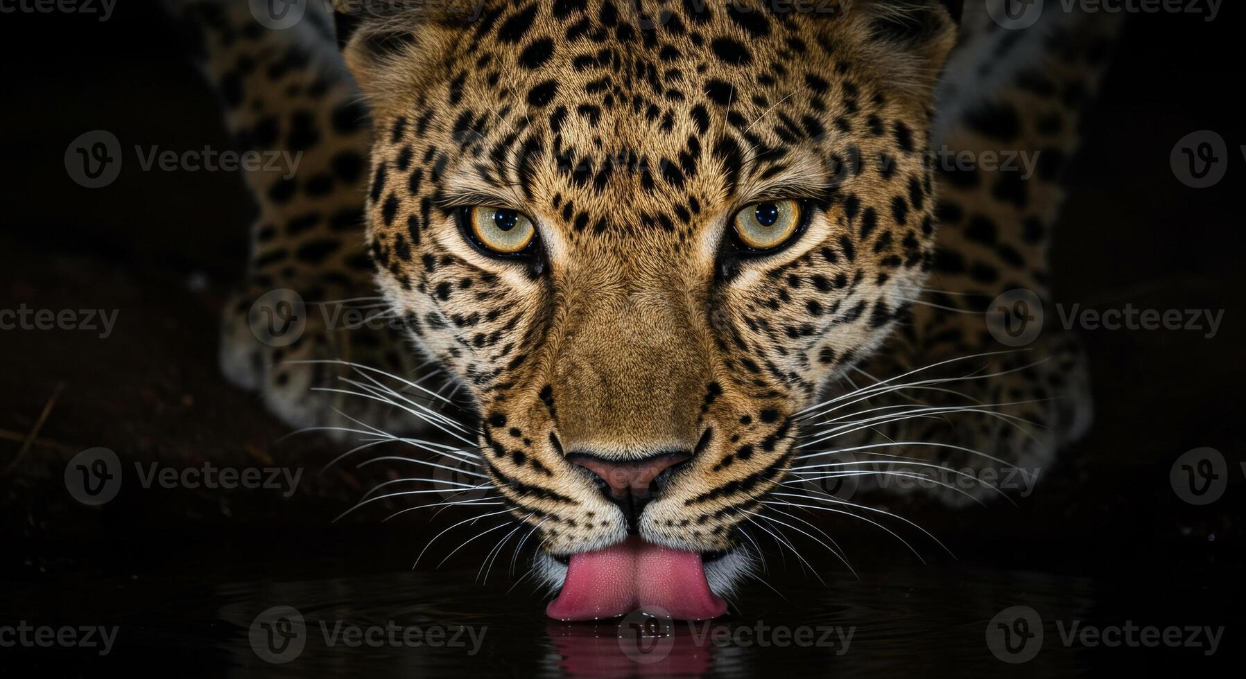 A leopard drinking water from a pond photo