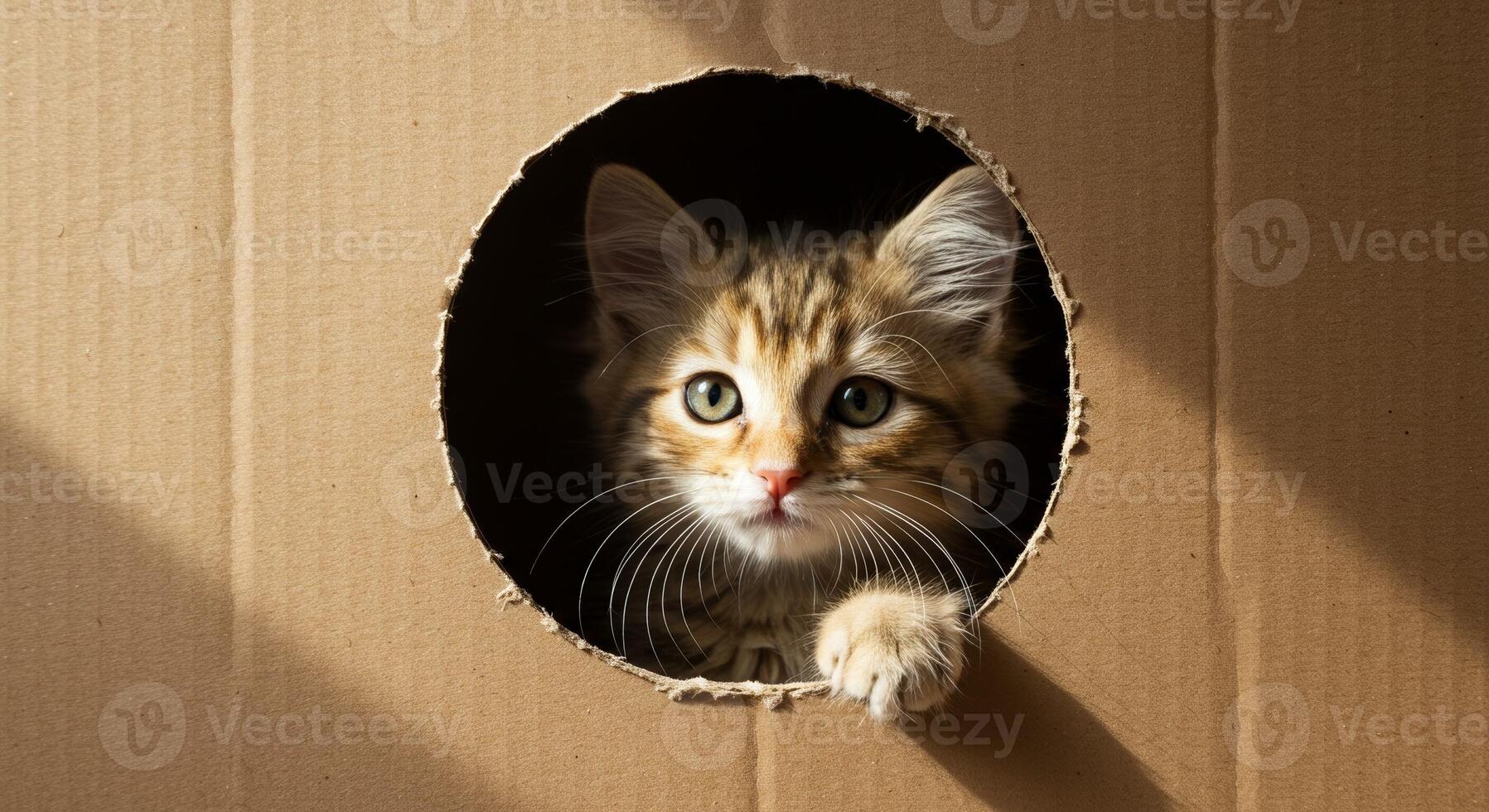 A kitten peeks out of a hole in a cardboard box photo