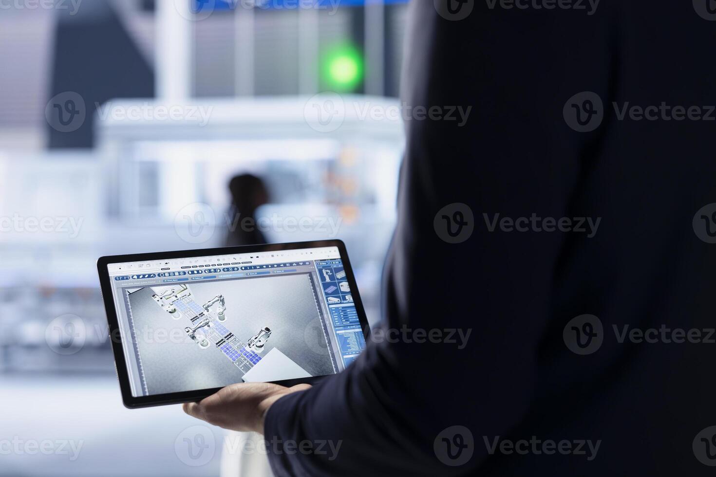 Engineer in photovoltaics factory using tablet to diagnose malfunctioning systems. Solar panels manufacturing plant worker reduces downtime and maintains operational reliability, close up photo